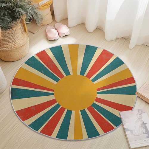 Teppiche für Wohnzimmer Rund, Retro Linien Poster-Stil Druck Design, Mehrfarbig Teppich Schlafzimmer Flanell Flauschig Weich rutschfest Fußmatte Waschbar für Kinderzimmer, Durchmesser 100 cm Teppiche für Wohnzimmer Rund, Retro Linien Poster-Stil Druck Design, Mehrfarbig Teppich Schlafzimmer Flanell Flauschig Weich rutschfest Fußmatte Waschbar für Kinderzimmer, Durchmesser 100 cm von Generic