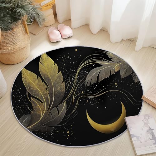 Teppiche für Wohnzimmer Rund, Traum Federn Linien Mond Druck Design, Gold Schwarz Teppich Schlafzimmer Flanell Flauschig Weich rutschfest Fußmatte Waschbar für Kinderzimmer, Durchmesser 100 cm Teppiche für Wohnzimmer Rund, Traum Federn Linien Mond Druck Design, Gold Schwarz Teppich Schlafzimmer Flanell Flauschig Weich rutschfest Fußmatte Waschbar für Kinderzimmer, Durchmesser 100 cm von Generic
