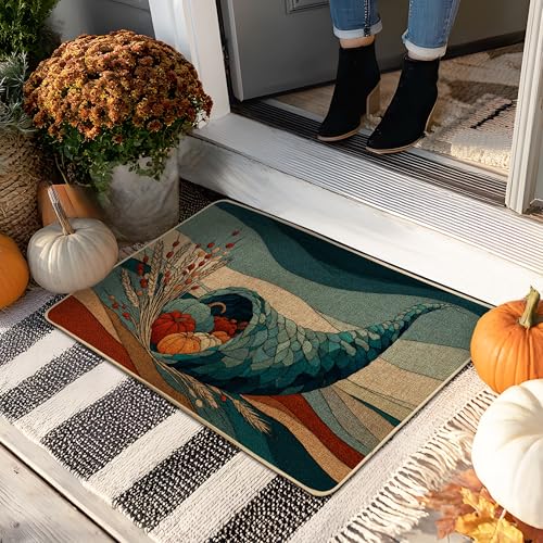 Thanksgiving Cornucopia Fußmatte, blaugrün und orange, Eingangsmatte für Herbstdekoration, Gummi, wasserdicht, rutschfest, staubabsorbierend, für drinnen und draußen, leicht zu reinigen, 73 x 43 cm von Generic