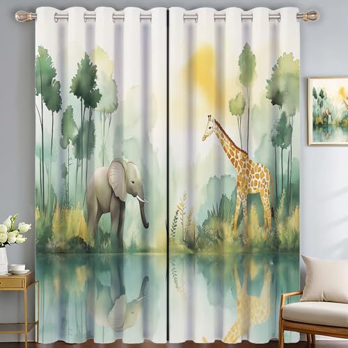 Thermovorhang Kälteschutz 2er Set H200 x B140 cm Schlafzimmer Gardinen Blickdicht Grün Verdunklungsvorhänge mit Ösen Elefant Giraffe Pflanzen Flüsse Thermal Blackout Vorhang Wärmeisolierend von Generic