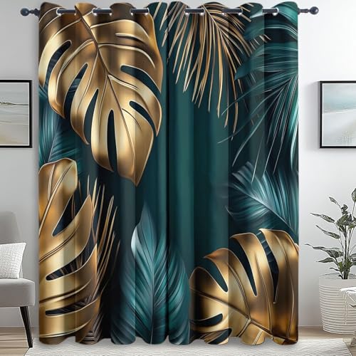 Thermovorhang Kälteschutz Gardinen mit Ösen H 280 x B 75 cm (2er Pack) Blickdichte Vorhänge Polyester Weicher Verdunkelungsvorhänge für Schlafzimmer Wohnzimmer 3D Tropische Pflanzen Blätter Grün Gold von Generic