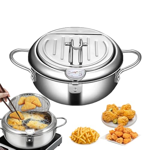 Tiefe Fritteuse aus Edelstahl - Öltopf mit Thermometer, induktionsgeeignet | Abnehmbarer Grill, hitzebeständiger für knusprige Meeresfrüchte, Mehrzweck-Fritteuse für von Generic