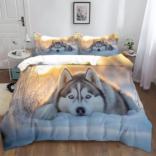 Tier Husky Bettwäsche-Sets 155x220 cm Weiß Bettwäsche Weiche Mikrofaser Allergiker 3 Teilig Bettbezug mit Reißverschluss für Teenager Erwachsene von Generic