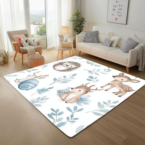 Tiere Igel, Schnecke, Kuh, Hirsch Teppich Flauschig 200x300cm Rugs for Living Room Bettvorleger Schlafzimmer Waschbare Teppich Aquarell Pflanzen Blatt Blau Groß Teppisch rutschfest für Wohnzimmer von Generic