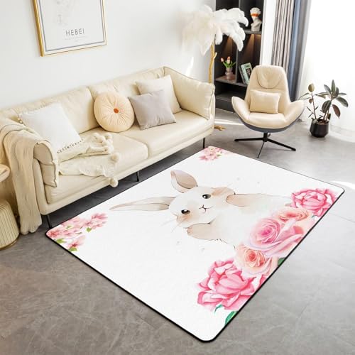 Tiere Kaninchenblumen 3D-Gedruckter Weicher Spielzimmerteppich 100 X 150 Cm - Rutschfester Teppich Mit Niedrigem Flor - Heimdekor-Fußmatte - Schmutzabweisend - Niedriger Flor, Fusselt N /5587520976077 von Generic