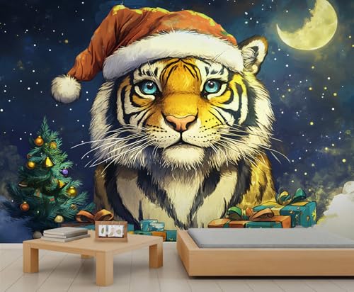 Tiger Tapete Weihnachtsmannmütze Esszimmer Tapete Weihnachtsbaum Wandtapete Wandbilder für Wände Nachthimmel Mond Schlafzimmer Tapeten für Wohnzimmer Schlafzimmer Wandbild 250 X 175 cm von Generic