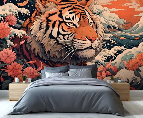 Tiger Wandbild Abstrakte Ozeanwellen Akzent Tapete Himmel Wolken Sonnenuntergang Landschaftstapete Blumen Pfingstrosen Blumenmuster Kinder Tapete für Schlafzimmer Wohnzimmer Sofa von Generic