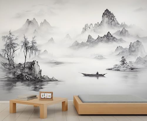 Tinten Landschafts Wandbild Bergtapete Seeboot Wandtapete Naturlandschafts Tapete für Schlafzimmer Wohnzimmer Poster 500 X 350 cm von Generic