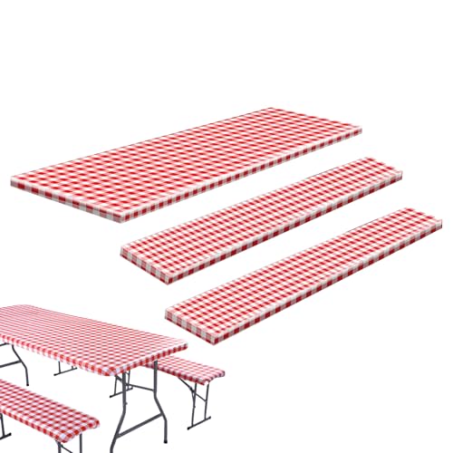 Tischdecke für Picknicktisch | Passgenaue Picknick-Tischabdeckung mit Bankhussen | wasserdichter Schutz im Quadrier-Muster in Rot und Weiß für Tischdecke Terrasse, Grill und Camping von Generic