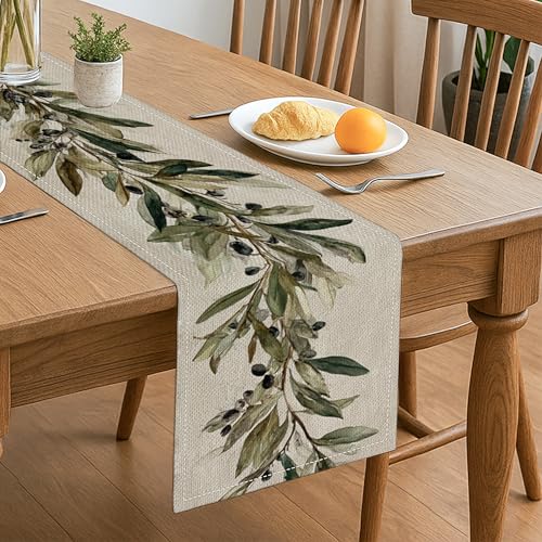 Tischläufer mit Olivenzweig, rustikales Grün, botanisches Bauernhaus, Esszimmer, Dekoration für herbstliche Familienfeiern und saisonale Feiern, 33 x 183 cm von Generic