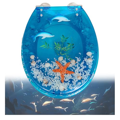 Toilettendeckel WC-Tankabdeckungen, Transparenter Harz-WC-Sitz Echte Muscheln und Sande Einstellbare Edelstahl-Scharnier-WC-Deckel-Abdeckung Langsam Soft Close Top Mount von Generic