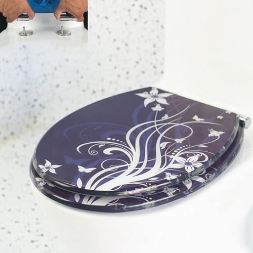 Toilettensitz Standard Längliche Toilettensitze Für Einfache Reinigung Bunte Muster Toilettenabdeckung Soft Slow Close Mute Schnellverschlussscharniere, Purple von Generic