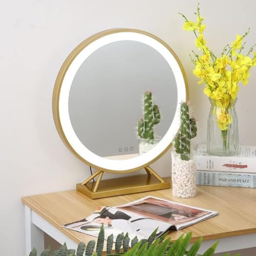Touchscreen Spiegel Hollywood Vity Spiegel Mit Lichtern, Runder Desktop-Spiegel, Hinterleuchtet, Quadratische Basis, Für Ankleidezimmer, Schlafzimmer, Tisch, Gold, Ø400mm(15inch) von Generic