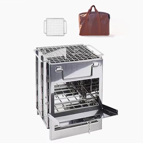 Tragbarer Edelstahl Holzofen for den Außenbereich, Kaminofen Camping Backofen Zeltofen, Zusammenklappbarer Picknickkocher for Camping Grillen Picknicken und Angeln(14x14x21cm) von Generic