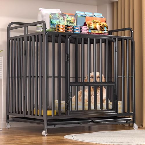 Transportbox Hund Hundebox Schrank Hunde Käfig Faltbares Design Interaktives Panorama-Dachfenster Aus Metall Mit Universalrädern und Tablett 3 Größen(Black,95 * 65 * 77cm) von Generic