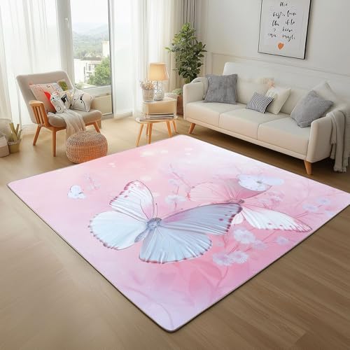 Traumhafter Batik Blumen Schmetterling Teppich Wohnzimmer 200x300cm rutschfest Kurzflor Schlafzimmer Teppisch Waschbar Rote Blumen Schmetterling Bettvorleger Teppiche für Büro Bereich Dekor von Generic