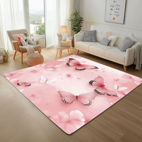 Traumhafter Schmetterling Blume Rot Teppich Läufer 80x150cm – Blumen Schmetterling Kurzflor Waschbar Teppich, Pflegeleicht, Extra Weich – Für Flur, Küche, Schlafzimmer Teppiche von Generic
