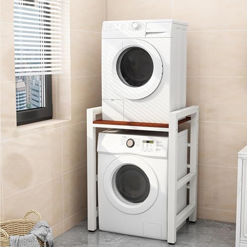 Trocknerständer Verstellbares Tragbares Stapelset Für Frontlader-Waschmaschine Und Wäschetrockner - Badezimmer-aufbewahrungsregal über Der Waschmaschine, Belastbar, White Frame+Teak, 75×65×105cm von Generic
