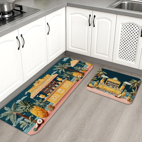 Tropische Küchenmatten für Boden, Ananas und Palme, gemustert, weich, gepolstert, bequem, waschbar, rutschfest, Dekor-Teppiche für Küchenspüle, Esszimmer, 2 Stück Tropische Küchenmatten für Boden, Ananas und Palme, gemustert, weich, gepolstert, bequem, waschbar, rutschfest, Dekor-Teppiche für Küchenspüle, Esszimmer, 2 Stück von Generic
