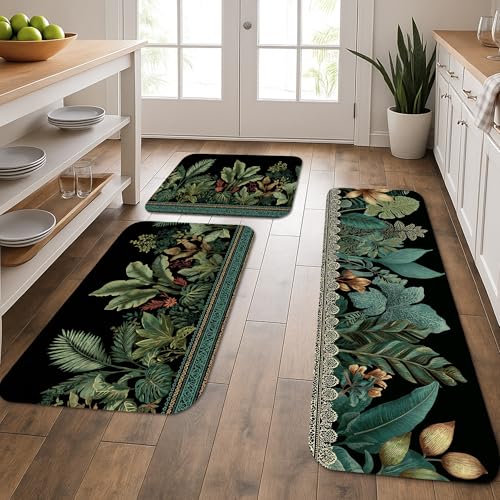 Tropische Küchenmatten für Boden, botanische Blätter, lebendige Natur, weiche Matten, gepolstert, bequem, waschbar, rutschfest, Dekor-Teppiche für Küche, Waschbecken, Waschküche, Badezimmer, 3 Stück von Generic