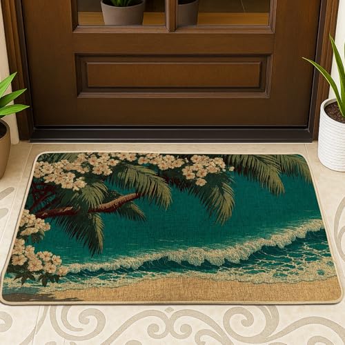 Tropische Strand-Fußmatte, blaugrüne Blumen-Fußmatte für Sommer- und Stranddekoration, rutschfeste Gummi-Eingangsmatten, leicht zu reinigen, 73,2 x 43,2 cm von Generic
