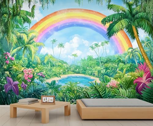 Tropische Tapete Regenwald Naturlandschaft Tapete Regenbogenhimmel Wandbilder für Wände Botanische Palmenblumen Tapeten für Schlafzimmer Wohnzimmer Poster 490 X 350 cm von Generic