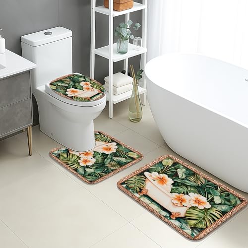 Tropisches Badezimmermatten-Set, 3-teilig, Vintage-Blumenblätter, saugfähig, rutschfest, WC-Vorleger, U-förmig, waschbar, Sommer, botanisch, schnell trocknend, Memory-Schaum, Badezimmerteppich-Set von Generic