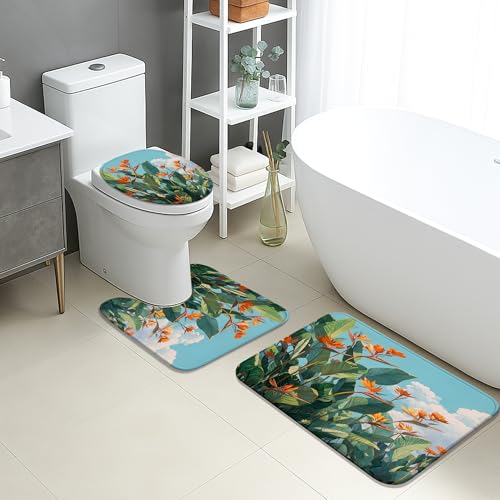 Tropisches Badezimmermatten-Set, 3-teilig, lebendige Paradiesvogel Blätter, saugfähig, rutschfest, WC-Vorleger, U-förmig, waschbar, Frühlingsblumen, schnell trocknend, Memory-Schaum von Generic