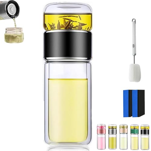 Tryteava Glas-Teesieb, tragbare Glas-Tee-Siebflasche, intelligentes 3-in-1-Flip-to-Brew-Design, doppelwandiger, auslaufsicherer Becher für heißen oder kalten losen Blatt- und Blütentee (Black, 280ML) von Generic