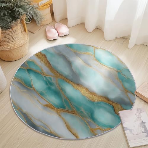 Türkis Weiß Runder Teppich 120 cm, Weich Kurzflor Rutschfester Abstrakt Marmor Goldene Linien Bedruckter Waschbar Runder Teppich - für Schlafzimmer Flur Wohnzimmer Couchtisch Türkis Weiß Runder Teppich 120 cm, Weich Kurzflor Rutschfester Abstrakt Marmor Goldene Linien Bedruckter Waschbar Runder Teppich - für Schlafzimmer Flur Wohnzimmer Couchtisch von Generic