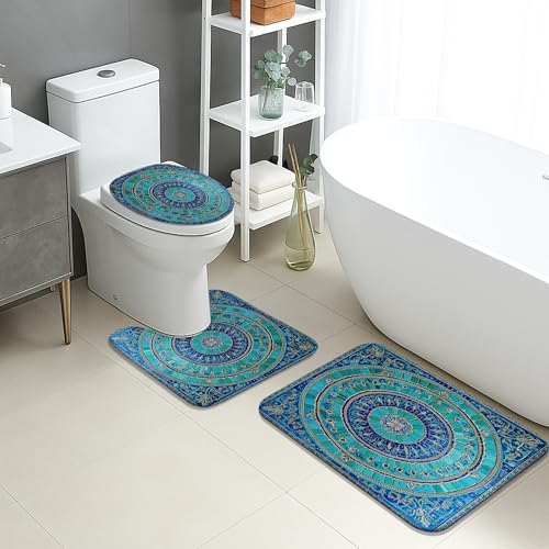 Türkisfarbenes Badezimmermatten-Set, 3-teilig, Vintage-blaues Mosaik-Design, saugfähig, rutschfest, WC-Vorleger, U-förmig, waschbar, mediterran, schnell trocknend, Memory-Schaum, Badezimmerteppich-Set von Generic