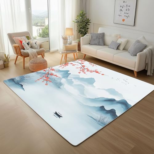 Tuschemalerei Landschaft in Blau Teppich Wohnzimmer 180x240cm Moderner Weicher Teppisch Rugs for Living Room Natur Berge Und Seen Rutschfester Teppich für Schlafzimmer, Flur von Generic