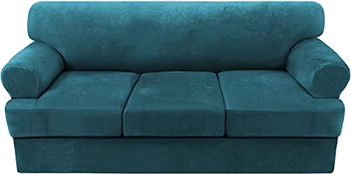 Ultra weicher Plüsch-Samt Sofabezug mit separaten T-Kissenbezügen, kein Pilling, waschbarer Möbelschutz, elastische Unterseite, tiefblaugrün, passend für 3 Kissen Sofa von Generic