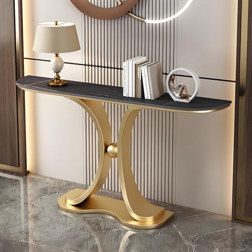 Ultraschmaler Konsolentisch im Leichten Luxusdesign Halbrunde Steinplatte Wandtisch in Rustikalbraun für Eingangsbereich, Flur, Wohnzimmer(Black,120 * 30 * 80cm) von Generic