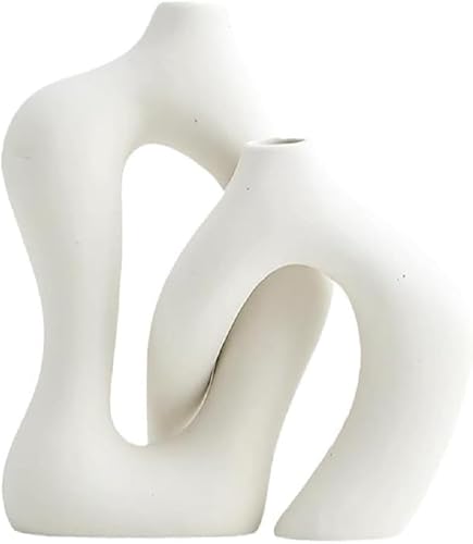 Unregelmäßiges Kreisförmiges Kreuz Keramikvase Set Fortschrittliches Minimalistisches Dekor Für Wohnzimmer Tv-Schrank Und Eingangsbereich 8,27 X 7,09 X 4,53 Zoll 2er Set, White von Generic