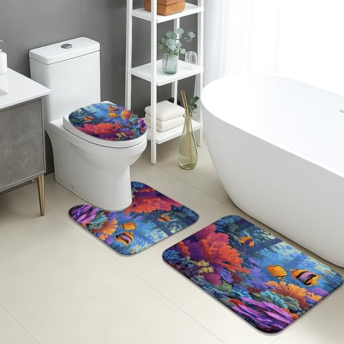 Unterwasser-Szenen-Badematten-Set, 3-teilig, lebendiges Korallen-Meeres-Design, saugfähig, rutschfest, U-förmig, waschbar, schnell trocknend, Memory-Schaum, Badezimmerteppich-Set von Generic