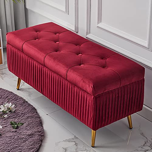 Velvet Upholstered Tufted Storage Ottoman Bench with Button Padded End of Bed Storage Living Room Settee Bench for Entryway (Red 60x40x45cm) von Generic