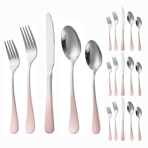 Verdickter Farbverlauf Griff Küche Edelstahl Besteck Geschirr Besteck Set Steak Messer Gabel Löffel Teelöffel (Farbverlauf rosa silber,20 Stück) von Generic