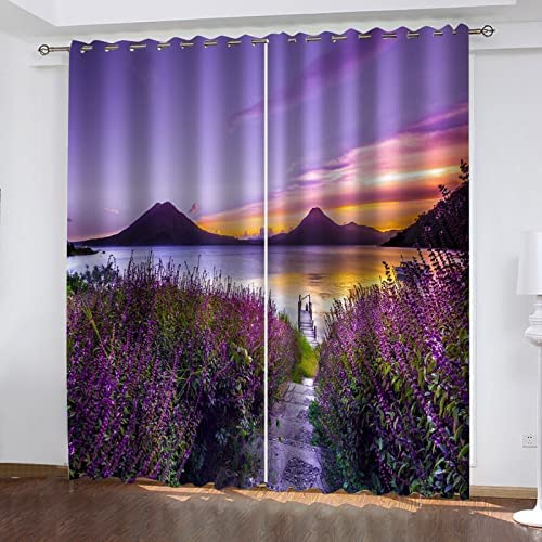 Verdunkelungsvorhänge 3D Sonnenuntergang Lavendel Seeblick Muster Ösen Vorhang 2Er Set 280 (B) X 180 (H) cm Verdunkelungsvorhang Blickdicht Fenstergardinen Kinderzimmer Schlafzimmer Wohnzimmer Thermo von Generic