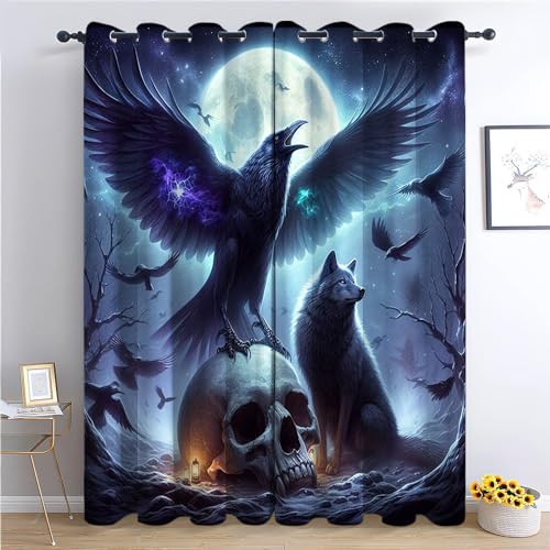 Verdunkelungsvorhänge Schädel & Krähe & Wolf B117 x H183cm Blickdichte Vorhänge Thermovorhang mit Ösen Kälteschutz Gardinen 2er Set, für Wohnzimmer Schlafzimmer Verdunkelungsvorhänge Schädel & Krähe & Wolf B117 x H183cm Blickdichte Vorhänge Thermovorhang mit Ösen Kälteschutz Gardinen 2er Set, für Wohnzimmer Schlafzimmer von Generic