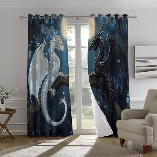Verdunkelungsvorhänge mit Ösen Fantasy-Anime Mond Drache Weiß Schwarz Wärme Kälteisolierende Schalldämmende Vorhang Blickdicht für Wohnzimmer Schlafzimmer Kinderzimmer, H 200 x B 70 cm (2er Pack) von Generic
