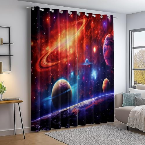 Verdunkelungsvorhang Bunt Thermovorhang Kälteschutz 2 Stück Türvorhang, Fantasie Weltraum Planeten Blickdicht Ösenschal Gardinen Wohnzimmer Blackout Curtain H166×B75 cm von Generic
