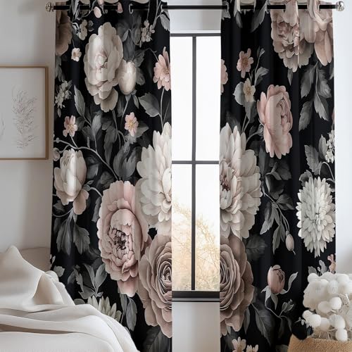 Verdunkelungsvorhang Ösen Gardinen Schlafzimmer Retro Pflanzen Blumen Drucken Ösenvorhang Blickdicht Thermogardine Kälteschutz Warm Heimdekoration H 200 x B 70 cm (2er Pack) Creme Schwarz von Generic