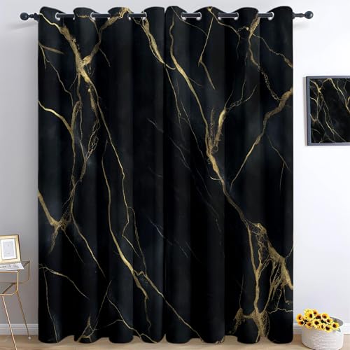 Verdunkelungsvorhang aus Muster Abstrakter Marmor für Gardinen mit Ösen Blickdicht für Wohnzimmer Vorhänge Thermovorhang Schalldämmend Schlafzimmer H260 x B140 cm (2er Pack), Schwarz Gold von Generic
