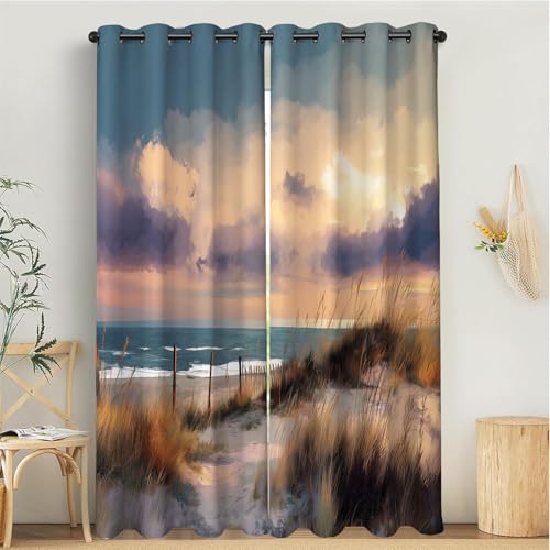 Verdunklungsvorhänge Thermovorhang Kälteschutzh175 X B140 cm(2Er Pack) Aquarell Strand Gardinen Mit Ösen Hellrosa Weich Und Langlebig Schallschutz Vorhang Für Schlafzimmer Wohnzimmer Küstenlandschaft von Generic