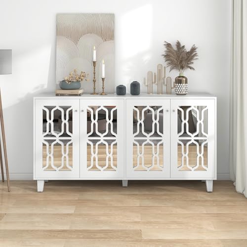Verspiegelte Anrichte mit Kristallgriffen und 4 Türen, Elegantes Sideboard im luxuriösen Stil mit verstellbarem Innenregal, Aufbewahrungsschrank für Wohnzimmer Esszimmer Flur von Generic