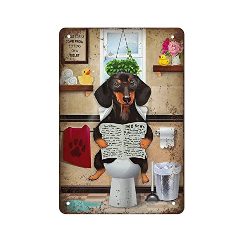 Vertikales Blechschild mit Dackel-Welpe, sitzend auf einer Toilette, Dackel-Toilette, Retro-Schild, Heimdekoration, Geschenke für Mutter, Vater und Freunde, Metall-Blechschild, 14 x 20 cm von Generic