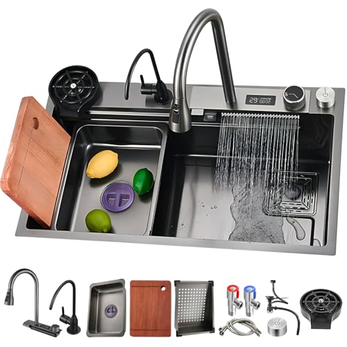 Vielseitige Edelstahl-Küchenspüle 65 x 50 cm mit Temperaturanzeige Wasserfall Design & komplettes Zubehör Set Modern Kitchens von Generic