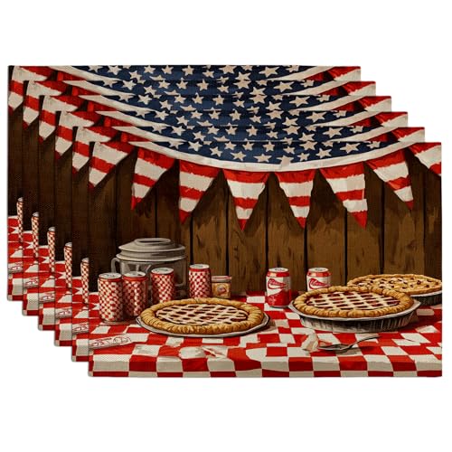 Vintage Americana Tischsets Rot Kariert Patriotische Platzsets für Esstisch rutschfest Waschbar Indoor Outdoor Party Dekorative Tischsets 6er Set von Generic