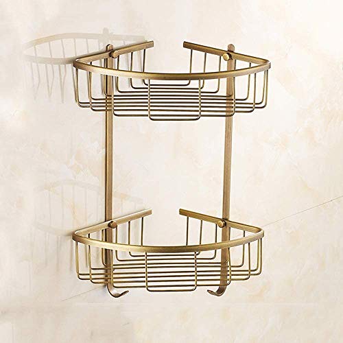 Vintage Doppel-Eckregal für Badezimmer mit 2-stöckigem massivem Messingaufbewahrungskorb, Wandhalterung für Dusche, dreieckiges Badezimmerregal mit Haken, einzigartiges Design Vintage Doppel-Eckregal für Badezimmer mit 2-stöckigem massivem Messingaufbewahrungskorb, Wandhalterung für Dusche, dreieckiges Badezimmerregal mit Haken, einzigartiges Design von Generic
